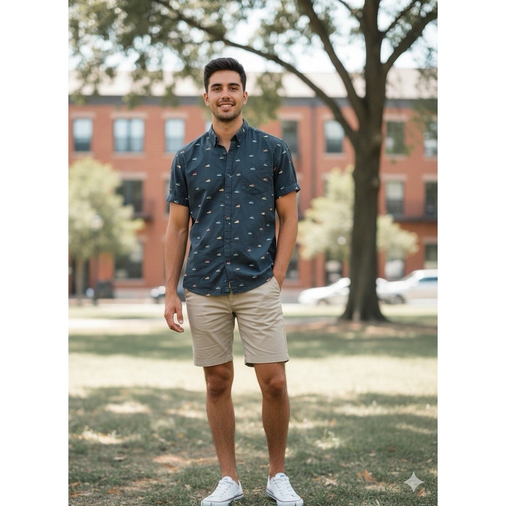 Denim & Flower Ricky Singh Mens Slim Fit Short Sleeve Shirt Navy Sneaker Print M